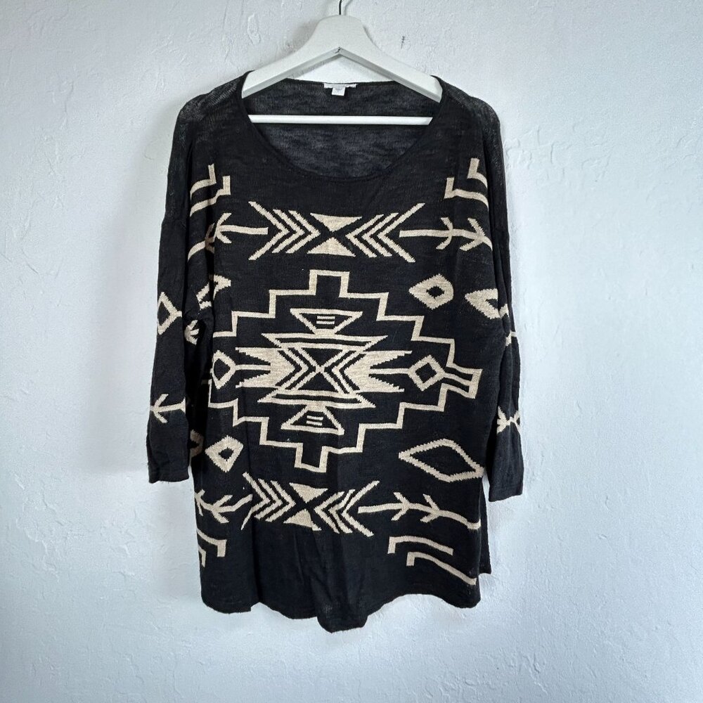 J. Jill Womens Black & Beige Aztec Knit Sweater Large Linen Blend 3/4 Sleeve